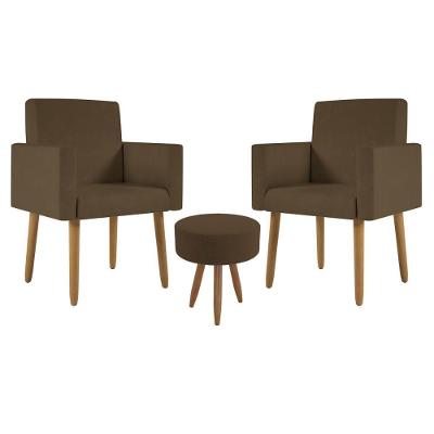 Kit 2 Poltronas Decorativa Consultorio Nina Com Puff Balaqui Cor:marrom Marrom