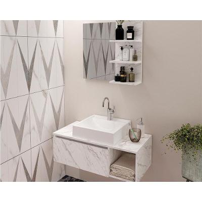 Conjunto De Banheiro Balcão Suspenso Bn3601 S- Cuba 80cm E Armário C- Espelho Bn3608 Cor Mármore Branco - Tecno Mobili