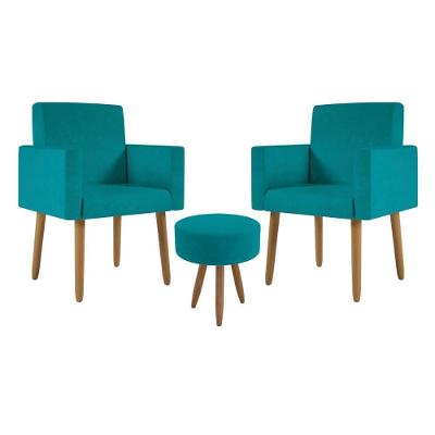 Kit 2 Poltronas Decorativa Consultorio Nina Com Puff Balaqui Cor:azul Turquesa Azul Turquesa
