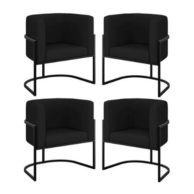 Kit 04 Poltronas Lua Sala Decorativa Base Ferro Black Corino Preto