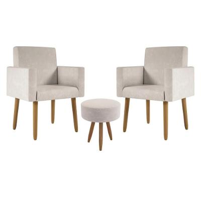 Kit 2 Poltronas Decorativa Consultorio Nina Com Puff Balaqui Cor:bege Bege