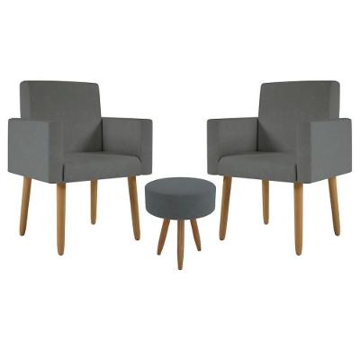 Kit 2 Poltronas Decorativa Consultorio Nina Com Puff Balaqui Cor:cinza Cinza