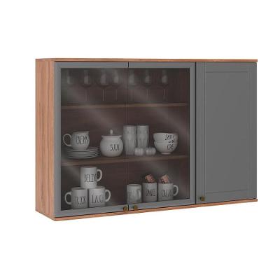 Armário De Cozinha Modulado Bella 2600 Com 3 Portas 2 Com Vidro 120cm Nogal Cinza