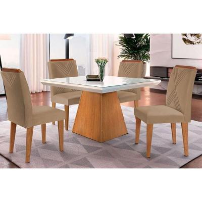 Sala De Jantar Completa Luna C- Tampo Madeirado Vidro Canto Curvo 90x90cm E 4 Cadeiras Amsterdã Imbuia-off White - Suede Capuccino - Rufato