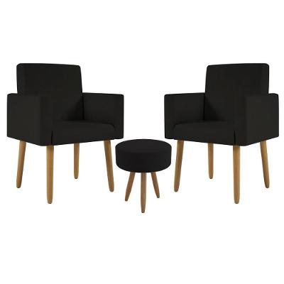Kit 2 Poltronas Decorativa Consultorio Nina Com Puff Balaqui Cor:preto Preto