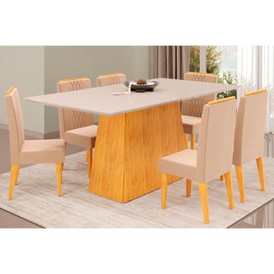 Cozinha Completa Dulce Tampo Madeirado Com Vidro Reto 180x90cm E 6 Cadeiras Lia Cedro Off White Suede Kraft