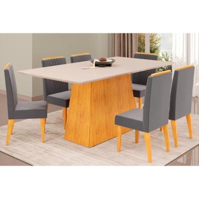 Cozinha Completa Dulce Tampo Madeirado Com Vidro Reto 180x90cm E 6 Cadeiras Lia Cedro Off White Suede Lunar
