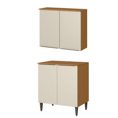Kit Balcão e Armário Aéreo Para Cozinha 80 Cm 2 Portas Raiar Atacama Areia