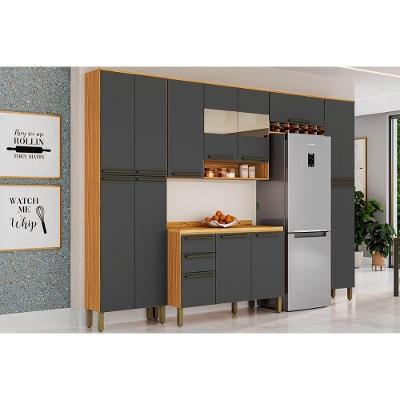 Cozinha Modulada Completa Nápoli Prime 5 Peças 2 Aéreos + 1 Balcão+ 2 Paneleiros C5p04 Amendoa Grafite Ronipa
