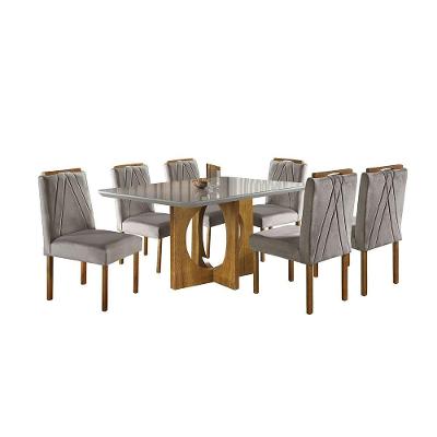 Conjunto Sala De Jantar 6lug Noronha Mesa E Cadeiras Maciça Mel Off White Com Marrom Acinzentado