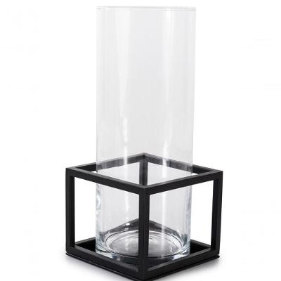 Vaso De Vidro Com Armação Em Aço Preto - Linha Frame - 31 Cms