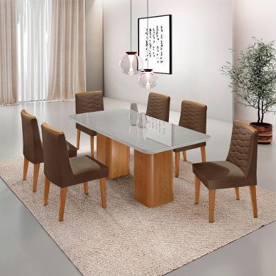 Mesa De Jantar Eloise Tampo Mdf Vidro Com 6 Cadeiras Moderna Veludo Marrom/off White/naturale