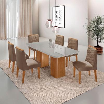Mesa De Jantar Eloise Tampo MDF Vidro Com 6 Cadeiras Moderna Veludo Capuccino Off White Naturale
