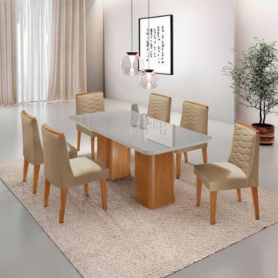 Mesa De Jantar Eloise Tampo MDF Vidro Com 6 Cadeiras Moderna Turim Off White Naturale