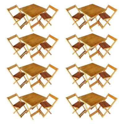 Kit 8 Conjuntos De Mesa Dobrável 70x70cm Em Madeira Maciça Para Restaurantes Com 2 Cadeiras Mel Bege