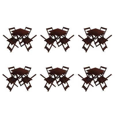 Kit 6 Conjuntos De Mesas Dobráveis 70x70 Em Madeira Maciça Para Restaurantes Com 4 Cadeiras Imbuia Marrom