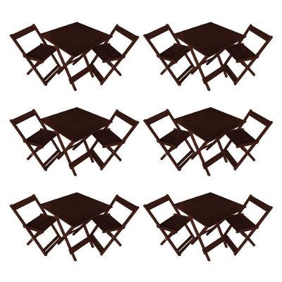 Kit 6 Conjuntos De Mesa Dobrável 70x70cm Em Madeira Maciça Para Restaurantes Com 2 Cadeiras Imbuia Marrom