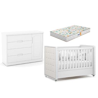 Berço Americano Com Capitonê New Boucle E Cômoda Infantil Tutto New Branco Acetinado E Colchão Gazin