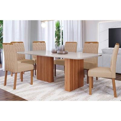 Conjunto Mesa Sala Jantar Ester Com Tampo Madeirado Com Vidro 180x90cm E 6 Cadeiras Paola Nature Suede Nude Bege Cimol