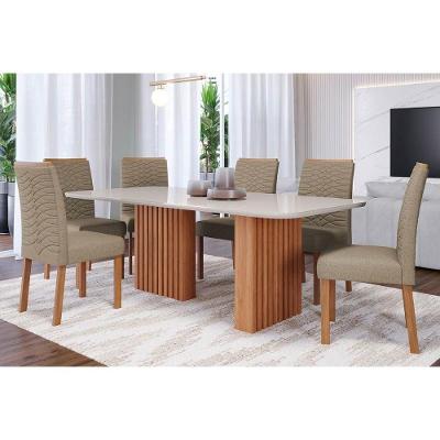 Sala De Jantar Completa Ester C- Tampo Madeirado C- Vidro 180x90cm E 6 Cadeiras Clarice Savana-madeirado-suede Joli Capuccino - Cimol