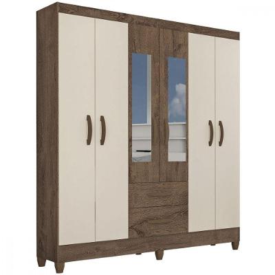 Guarda Roupa Casal Real 6 Portas 2 Gavetas Espelho Atualle Mocaccino Rústico Natura Off White