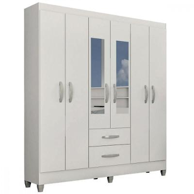 Guarda Roupa Casal Real 6 Portas 2 Gavetas Espelho Atualle Branco Brilho