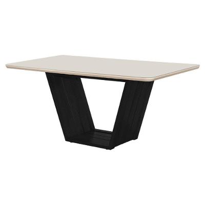 Mesa De Jantar Luxo Retangular 160x90 MDF Vidro Para 6 Lugares Pés Madeira Maciça Safira Preto Off White