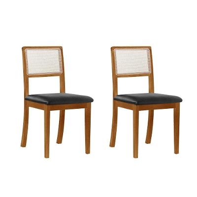 Kit 2 Cadeiras De Jantar Luxo Madeira Maciça Mel Encosto Telinha Palha Estofada Couro Pu Preto Rubi