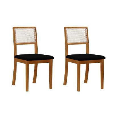 Kit 2 Cadeiras De Jantar Luxo Palha Estofadas Veludo Preto Encosto Tela Sextavada Rubi Madeira Maciça