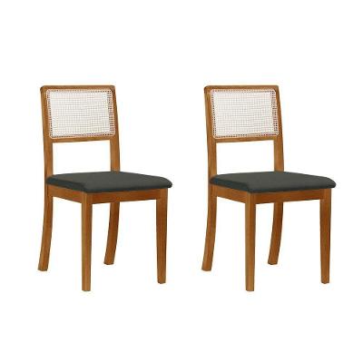 Kit 2 Cadeiras De Jantar Luxo Madeira Maciça Mel Encosto Telinha Palha Estofada Linho Chumbo Rubi