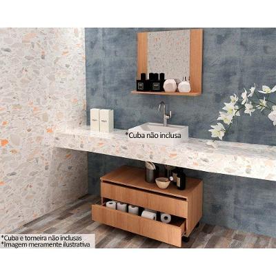 Conjunto De Banheiro Balcão C- Rodizios Bn3603 S- Cuba 80cm E Armário C- Espelho Bn3610 Amêndoa - Tecno Mobili