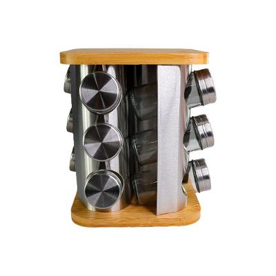 Porta Condimentos Giratório De Inox Com Base De Bambu 12 Potes 90ml