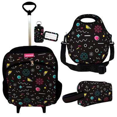 Kit Mochila Escolar Infantil Rodinhas Lancheira Estojo Isoprene Abstrato Black
