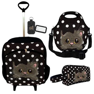 Kit Mochila Escolar Infantil Rodinhas Lancheira Estojo Isoprene Gatinho Poá