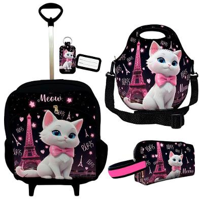 Kit Mochila Escolar Infantil Rodinhas Lancheira Estojo Isoprene Gatinha Paris