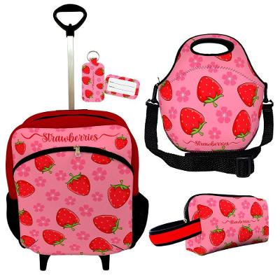 Kit Mochila Escolar Infantil Rodinhas Lancheira Estojo Isoprene Moranguinhos