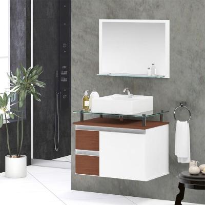 Conjunto Gabinete Banheiro 2 Gavetas 1 Porta 60cm Com Espelheira Diamante - Natura - Marrom