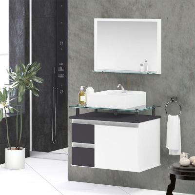Conjunto Gabinete Banheiro 2 Gavetas 1 Porta 60cm Com Espelheira Diamante - Cinza Titanium - Cinza