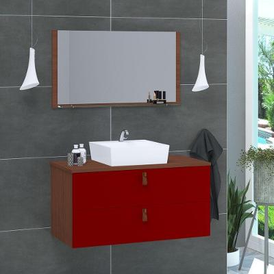 Gabinete De Banheiro Suspenso 2 Gavetas Berlim 60cm Natura E Vinho - Vermelho