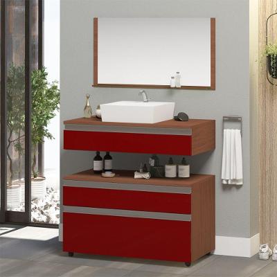 Gabinete Banheiro Superior E Inferior Com Rodízios 3 Gavetas 80cm Safira - Vinho - Vermelho
