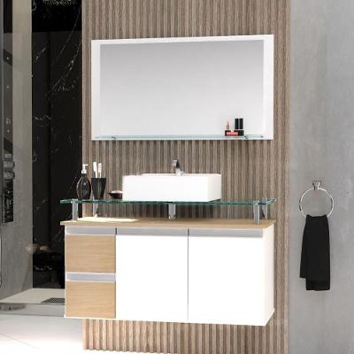 Conjunto Gabinete Banheiro 2 Gavetas 2 Portas 80cm Com Espelheira Diamante - Freijó Amadeirado - Bege