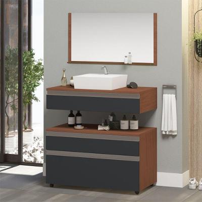 Gabinete Banheiro Superior E Inferior Com Rodízios 3 Gavetas 80cm Safira - Cinza Titanium - Cinza
