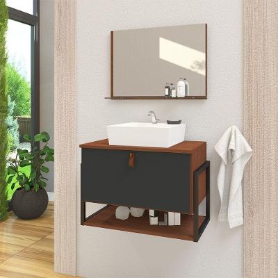 Gabinete De Banheiro Vegas 1 Prateleira 1 Porta 60cm Natura E Cinza Titanium - Cinza