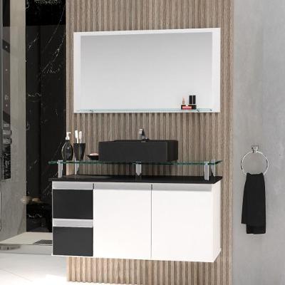 Conjunto Gabinete Banheiro 2 Gavetas 2 Portas 80cm Com Espelheira Diamante - Preto - Com Cuba Preta - Preto