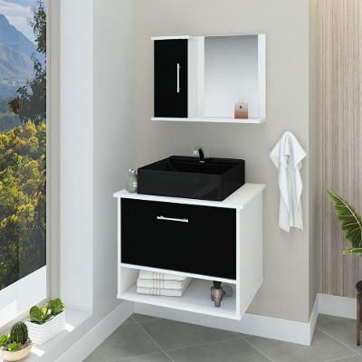 Conjunto Gabinete Banheiro Superior E Inferior 2 Portas 1 Nicho Malibu - Preto - Com Cuba Preta - Preto