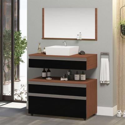 Gabinete Banheiro Superior E Inferior Com Rodízios 3 Gavetas 80cm Safira - Preto - Preto