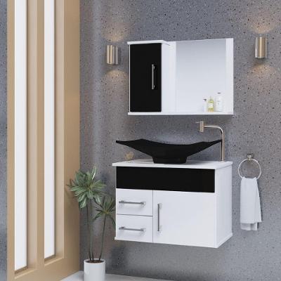 Conjunto Gabinete Inferior E Superior Banheiro 2 Gavetas 1 Porta Turin - Preto - Com Cuba Preta - Preto