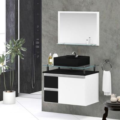 Conjunto Gabinete Banheiro 2 Gavetas 1 Porta 60cm Com Espelheira Diamante - Preto - Com Cuba Preta - Preto