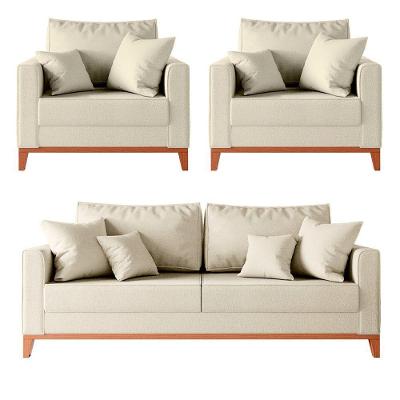 Kit Sofá 2 Lugares E 2 Poltronas Beny Com Base De Madeira Linho Bege
