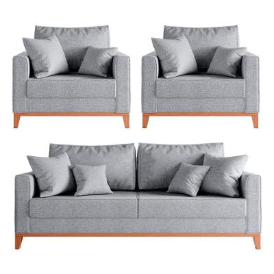 Kit Sofá 2 Lugares E 2 Poltronas Beny Com Base De Madeira Linho Cinza
